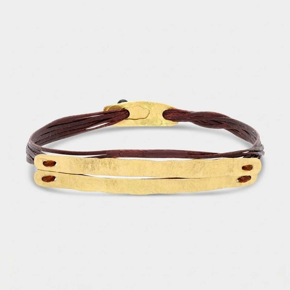 14K Gold Double Bar Bracelet featuring two hand-sawn and hammered solid 14K gold bars.