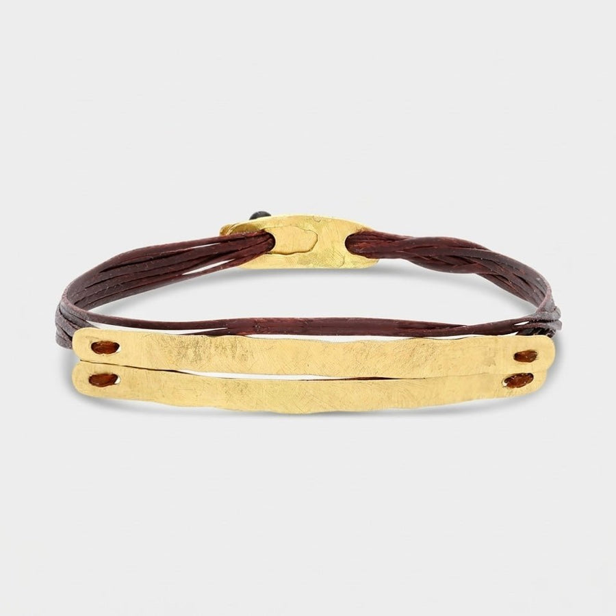 14K Gold Double Bar Bracelet featuring two hand-sawn and hammered solid 14K gold bars.
