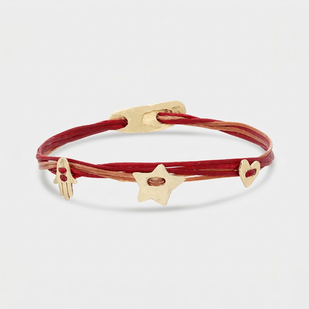 14K Gold Charm Bracelet featuring solid 14K gold star, heart, and Hamsa charms.