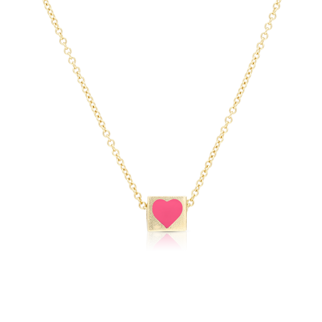 Gold Enamel Heart Cube Necklace